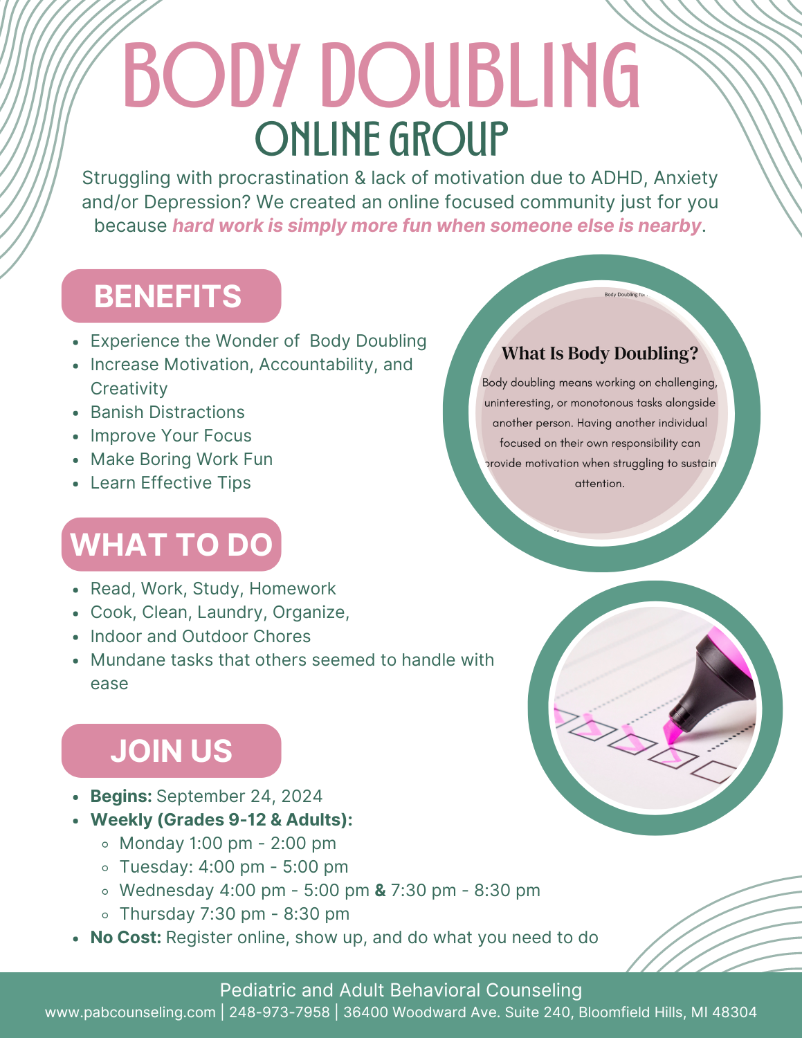 ADHD Online Body Doubling Group at Pediatric and Adult Behavioral Counseling 
